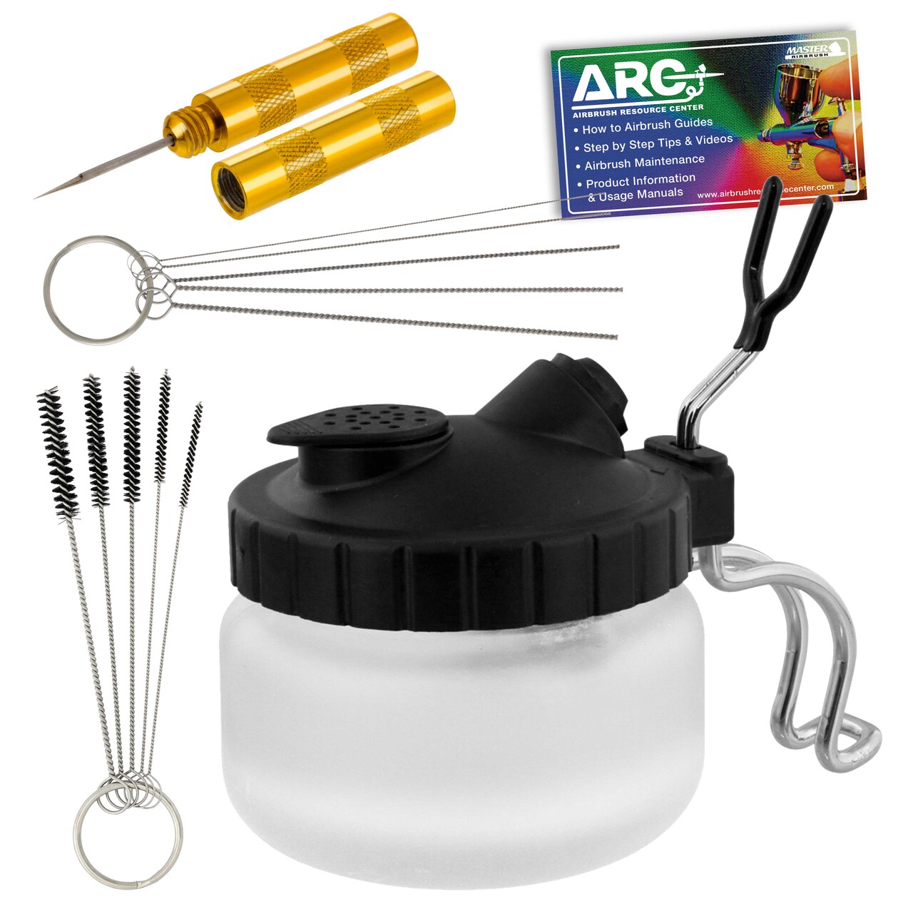Airbrush Cleaning Kit 13-Piece, Airbrushing Cleaner Set with 1 Glass Pot Jar, 5 Cleaning Needles, 5 Brushes, 1 Wash Needle & How-To Airbrush, Cleaner Set Kit